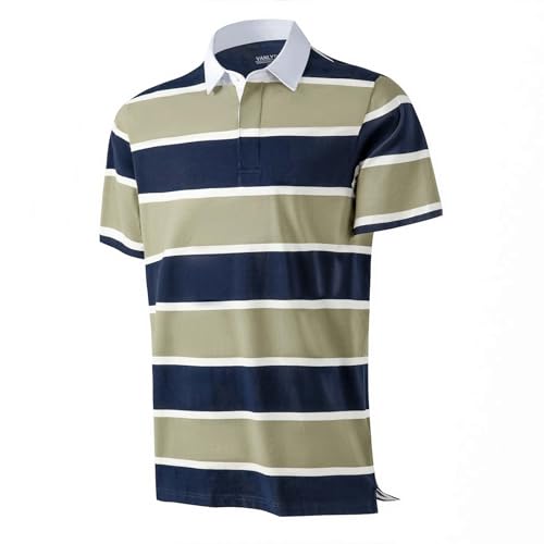 VANLYTK Mens Polo Shirts Striped Short Sleeve Cotton Casual Collared Dry Fit Golf Shirts for Men (US, Alpha, X-Large, Regular, Regular, Gray Green & Navy Blue Striped)