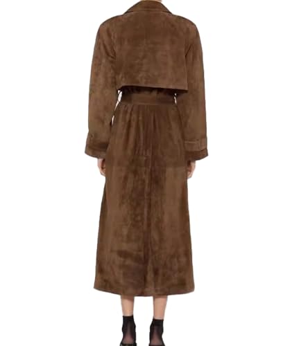 SOMTHRON Women's Faux Suede Long Trench Coat Notched Lapel Double Breasted Jacket Pea Coat Overcoat with Belt2