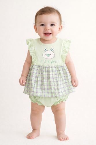 Image of Baby Girls Frock Dress with Bloomer Set | Short Sleeve Polka Dot Inner Layer & Bow Detail Special for 0-6 Months