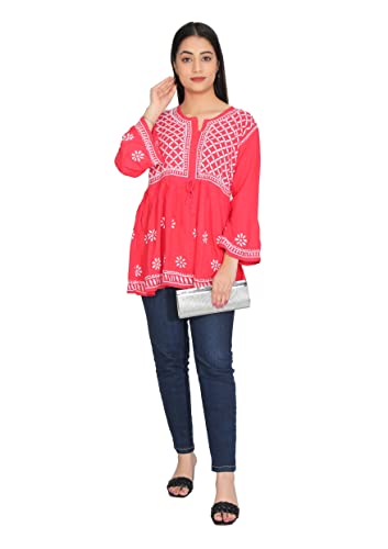 Image of FAWOMENT Women's Rayon Lucknowi Chikan Embroidered Short Frock Style Top - Designer Ethnic Wear with Bell Sleeves - Elegant & Comfortable Kurti for Daily, Festive & Casual Wear