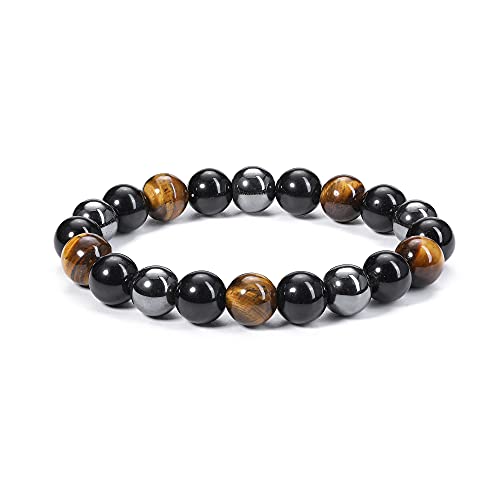 Jovivi Hematite Black Obsidian Tiger Eye Stone Bracelets for Men Women 10mm Natural Round Gemstone Beads Beaded Healing Crystal Bracelet for Protection, Good Luck3