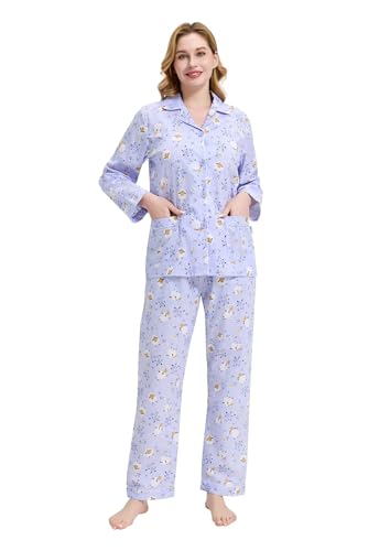 Image of GLOBAL Women Cotton Pajamas Long Sleeve PJs Button Down Sleepwear S-3XL