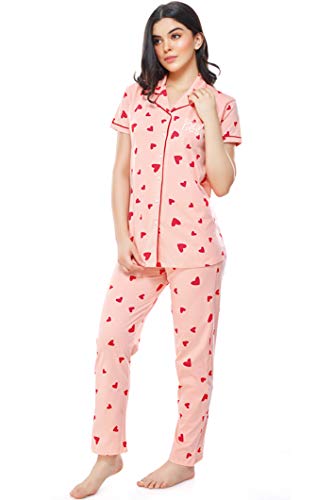 Image of ZEYO Women's Cotton Heart Printed Night Suit Set of Shirt & Pajama Set 5250 (Available in Plus Size)