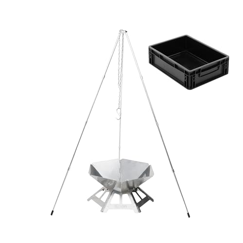 BOXIO - Fire Bundle : brasero en acier inoxydable avec grille de cuisson et trépied – Cheminée octogonale d'extérieur et barbecue de camping, petit brasero avec protection anti-étincelles, mini panier