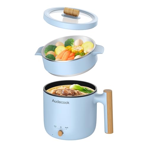 Audecook Hot Pot Electric with Steamer, 1.8L Portable Mini Travel Cooker, Multifunctional Non-Stick Electric Skillet for Stir Fry/Stew/Steam, Perfect for Ramen Noodles/Pasta/Egg/Soup/Oatmeal(Blue) by Audecook - Used condition - US$27.67