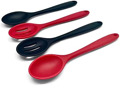 4 Pcs Silicone Nonstick Mixing Spoon, Silicone Cooking Spoons, for Kitchen Cooking Baking Stirring Serving (Red,Black)
