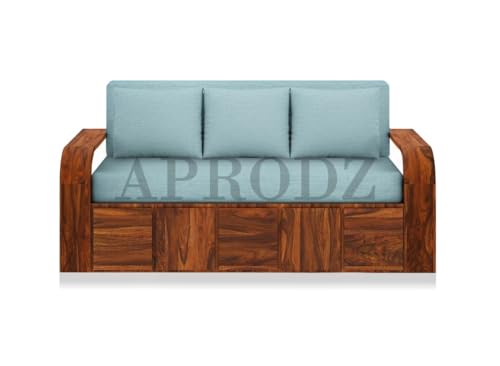 Image of APRODZ Sheesham Wood Sofa Cum Bed, 3 Seater, Honey Finish, Blue Upholstery (75 x69 x30 Inch)