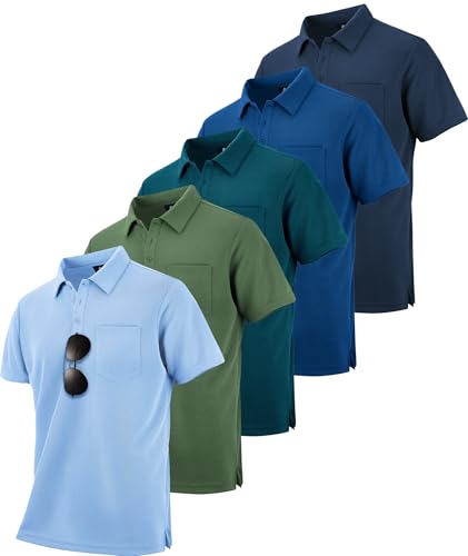 Image of SCODI 5 Pack Mens Pocket Polo Shirts Short Sleeve Golf Casual Work T-Shirt