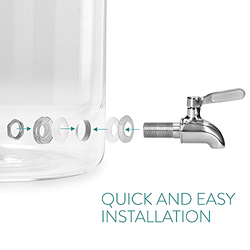 Navaris Beverage Dispenser with Stand - 1.3 Gallon (5L) Glass Drink Dispenser with Spigot, Lid, Wood Stand for Hot or Cold Drinks, Ice Water, Parties