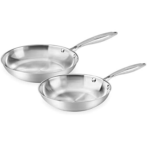 Fry Pan Set of 2 | 8" & 10" Tri-Ply Stainless Steel Frying Pan, Oven & Dishwasher Safe Classic Cooking Pan Cookware Cover