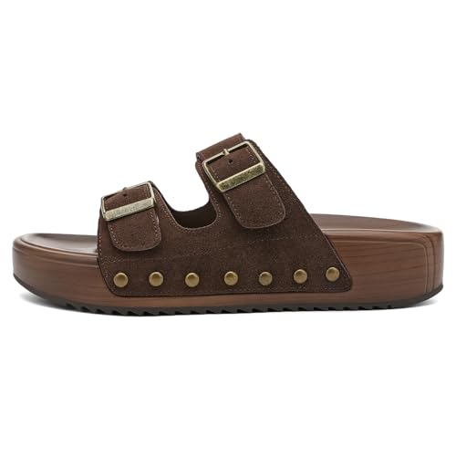 Image of UBFEN Womens Platform Slide Sandals | Real Leather,Buckle Sandals with Cushioned Flatform Footbed,Comfortable for Walking,Arch Support,Casual Styling
