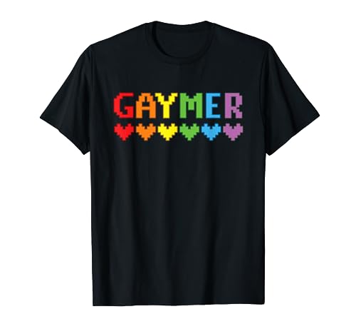 Giocatore retrò Gaymer LGBTQ Rainbow Gay Pride Pixel Hearts Maglietta