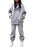 Onsoyours Damen Trainingsanzug Mode Los Angeles Sportbekleidung Set Jogginganzug Sportliche Hose mit Kordelzug und Taschen Sport Yoga Outfit 2 Stück Set D Grau L