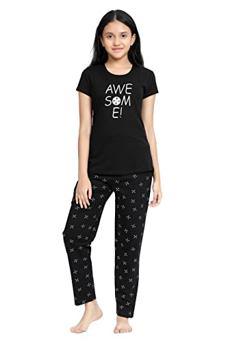 Image of Kids Night Suit for Girls - Cotton Set of Pyjama & T-Shirt Sleepwear - Lightweight & Comfortable Night Wear for Kids