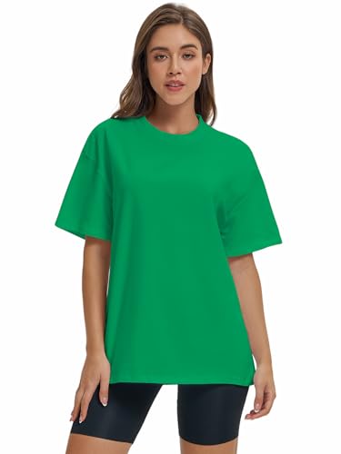 OYIGELZ Damen T-Shirt Oversized Lockere Passform Kurzarm Tops Sommer Tshirt Basic Bluse Rundhals Oberteile Weiten Trainiere Tshirt Baumwolle Tee(Grün-K1,M)