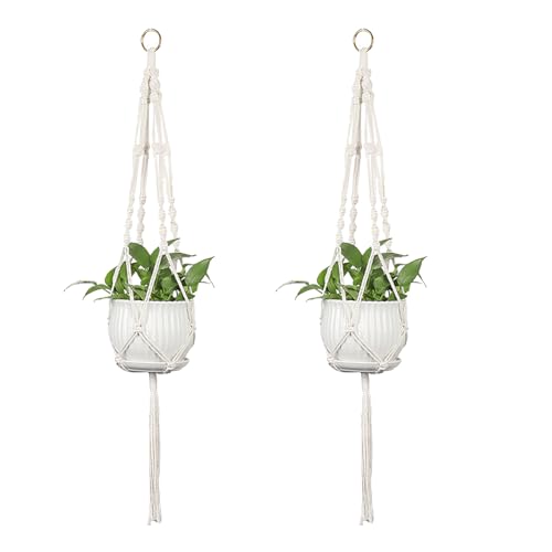 2 Stück Makramee Blumenampel Hängend Innen Baumwollseil Hängeampel Pflanzenhänger Blumentopf Pflanzen Lang Halter Aufhänger mit Quasten Hängetopf Beige Pflanzhänger Kann Boho Deko für Draußen Balkon