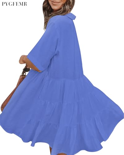 Image of PYGFEMR Women's Short Sleeve Babydoll Dress Button Down Dresses with Pockets