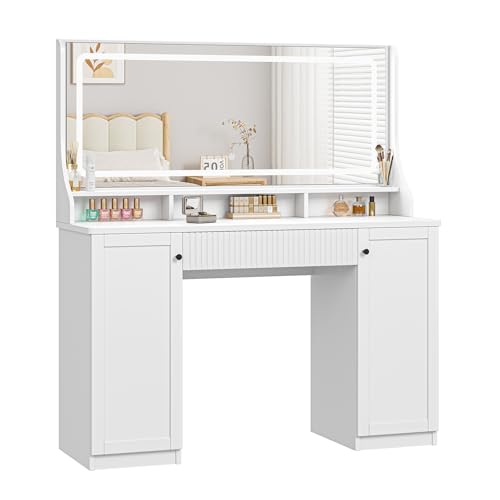 Dripex Makeup Vanity Desk with Large Mirror LED Lights 46.5'' Vanity Table with Large Drawers Cabinets and Floating Open Shelf Lighted Mirror Dressing Table with Power Outlet and Charging Station
