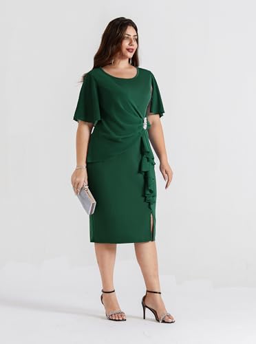 Image of Hanna Nikole Womens Plus Size Chiffon Cape Sleeve Ruffle Ruched Cocktail Party Pencil Dress for Wedding Guest