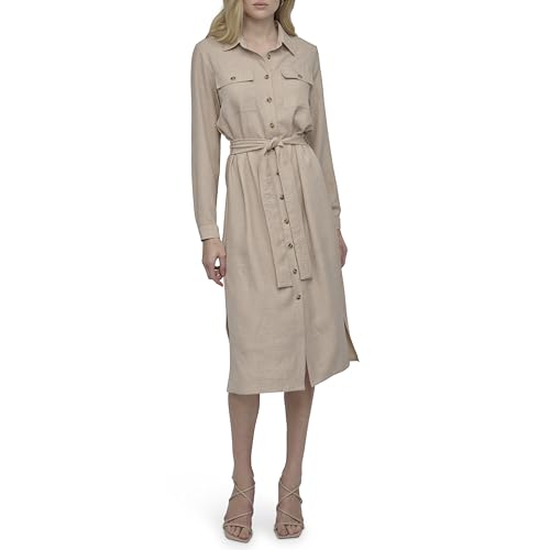 Image of DKNY Women's Long Sleeve Collared Tie Waist Midi Shirtdress
