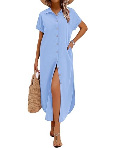 Zeagoo Shirt Dresses for Women Short Sleeve Maxi Dress Long Flowy Shirt Button Down Linen Collar Cover Ups Hawaiian Dress Light Blue