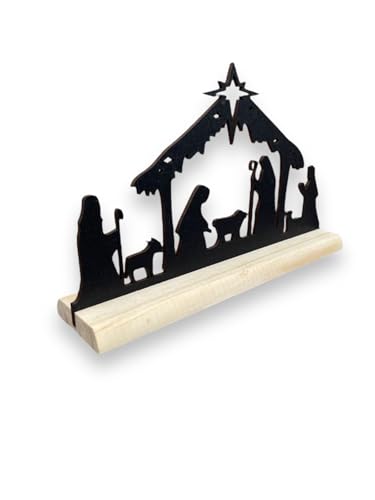 Presépio de Natal Enfeite Decoração de Mesa Natalina em MDF Preto com Base em madeira Pinus P2