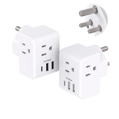 Image of 2 Pack India Power Adapter, One Beat Type D Plug Adapter with 3 American Outlets 3 USB Ports(1USB C), 6 in 1 India Travel Plug Adapter for US to India, Bangladesh, Kuwait, Maldives