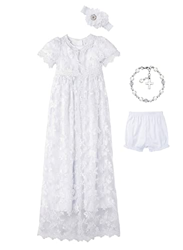 Bow Dream Baby Girl Christening Baptism Dresses Newborn Gowns with Headband Outfit