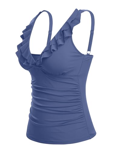 Image of Ruffle V Neck Tankini Top Only Women Tummy Control Swimsuit Tank Top | Removable cups for custom bust lift, Blend soft spandex to stretch easily