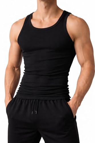 Image of Truebuy® Mens Cotton Vest 100% Cotton Tank Top Black, Breathable Undershirt Soft Comfortable Everyday Athletic Wear Sleeveless Top for Men S–5XL