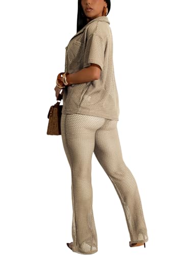 ZERMOM Women's 2 Piece Crochet Outfits Hollow Out Swimsuit Button Up Tops Wide Leg Pants Beach Sets2