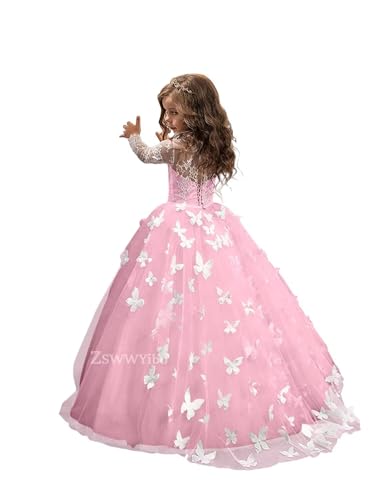 Girls Princess Celebration Prom Dresses Long Sleeve Butterfly Birthday Wedding Flower Girl Dresses