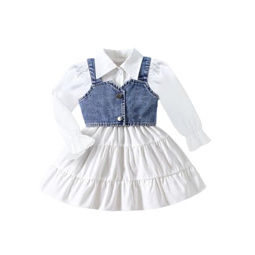 2Pcs Kids Girl Toddler Long Sleeves Lapel Button Down Shirt Dress Denim Vest Set 4-7 Years
