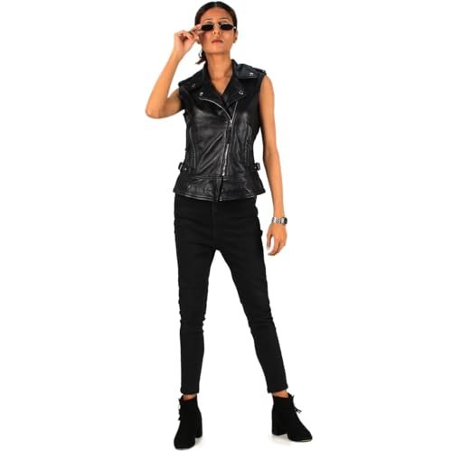 Laverapelle Women's Genuine Lambskin Biker Style Leather Vest (Black, Biker Vest) - 24230014