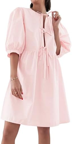 AKLOPVII Women's Summer Dresses Tie Up Puff Sleeve Mini Dress Crew Neck Loose Fit Casual Y2K Beach Party Dresses Pink, Medium