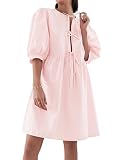 BAIGRAM Women Y2K Babydoll Peplum Dress Puff Sleeve Bow Tie Front Summer Cute Trendy Low Cut Blouse Dress Loose Fit Pink, Large