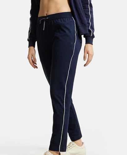 Image of Jockey 1305 Women's Super Combed Cotton Rich Relaxed Fit Mid Rise Trackpants with Contrast Side Piping and Pockets