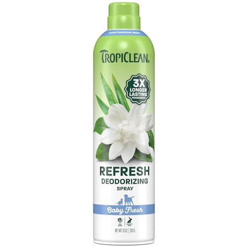 TropiClean Dog Perfume, Baby Fresh Scented Dog Deodorizing Spray, 3X Long-Lasting Scent, After Bath Cologne & Detangling Spray with Vitamin E, 10oz.