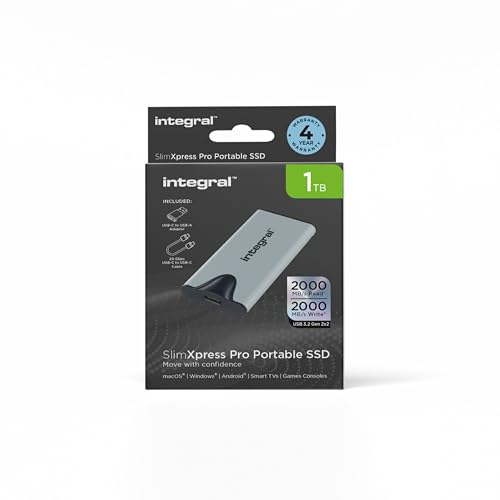 Integral SlimXpress Pro 1TB External SSD: 2000MB/s Read/Write, USB-C 3.2 Gen 2x2, Compact Aluminium Design, Plug & Play. Mac, PC, Android, XBOX, PlayStation Compatible.