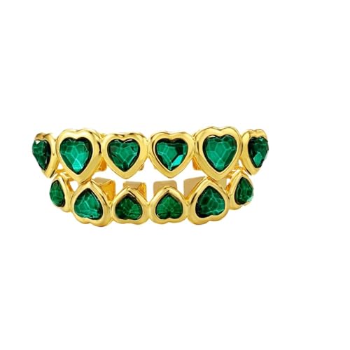 Hip Hop Luxury Grill, with Zirconia Emerald Dazzling Adjustable Gold Full Teeth Jewelry Top Bottom, for Party Men Women(Gold Green)