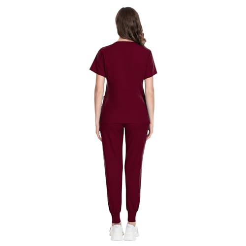 Image of VIAOLI Scrubs for Women Set Modern V-Neck Top & 8 Pocket Jogger Pants Nursing Uniform Solid Stretch Workwear