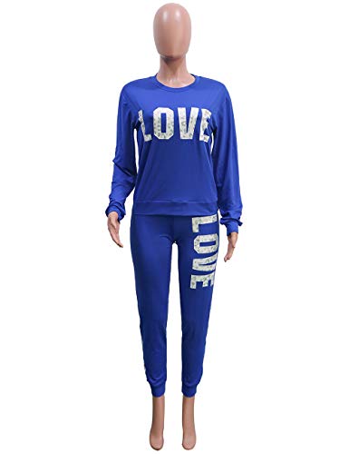 KANSOON Women's Letter Print 2 Piece Outfits Round Neck Long Sleeve Sweatshirt and Pants Set Tracksuit Blue M