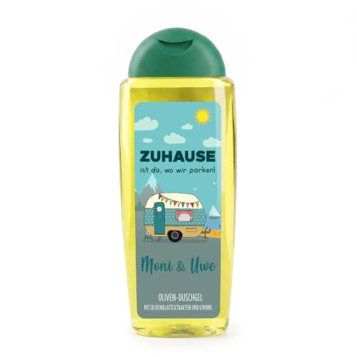 Herz & Heim® Camping Duschgel personalisiert mit Wunschtext – 300 ml Oliven Duschgel mit Aufdruck – Geschenk & Geschenkidee für Camper, Wohnwagen & Camping Fans