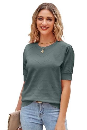 Image of Newshows Women Short Sleeve Jumpers Ladies Summer Spring Knitted Tops Sweater Shirt(Grey Green, S)