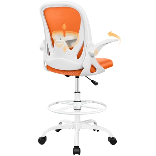 Image of Primy Drafting Chair Tall Office Chair with Flip-up Armrests Executive Ergonomic Computer Standing Desk Chair with Lumbar Support and Adjustable Footrest Ring (Sunset Orange)