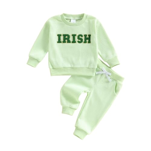 SAYOO Toddler Baby Boy St Patricks Day Outfit Lucky Irish Shamrock Embroidery Sweatshirt Top Long Sweatpants 2Pcs Clothes (A Green, 0-6 Months)