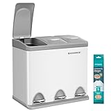 SONGMICS Cestino per Rifiuti da Cucina, 3 x 8 L Pattumiera Differenziata Piccolo Volume, Cestino Triplo in Acciaio, Pedali e Secchi Interni, Facile da Pulire, Bianco e Grigio LTB24WT