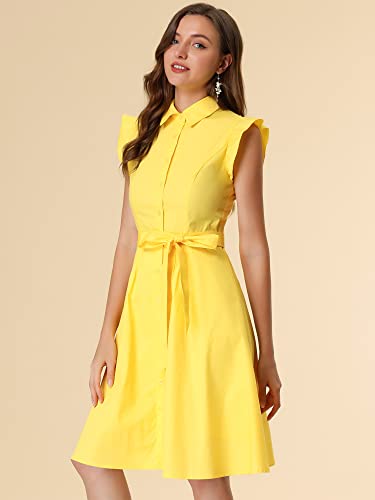 Image of Allegra K Women's Ruffled Sleeve Casual Office Dress Tie Waist Button Down Cotton Shirt Dresses