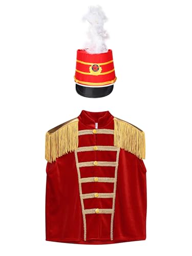 Marching Band Kids Military Vest Drummer Parade Fringe Epaulet Waistcoat with Feather Hat Set3