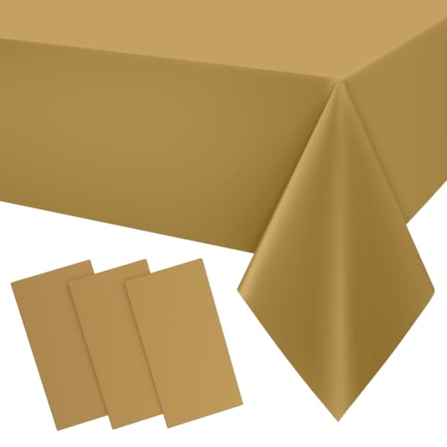 Image of Smiry Disposable Table Cloth 3 Pack, 54 x 108 Inch Waterproof Plastic Tablecloth, Decorative Rectangle Table Covers for Party, Birthday, Picnic, Gold